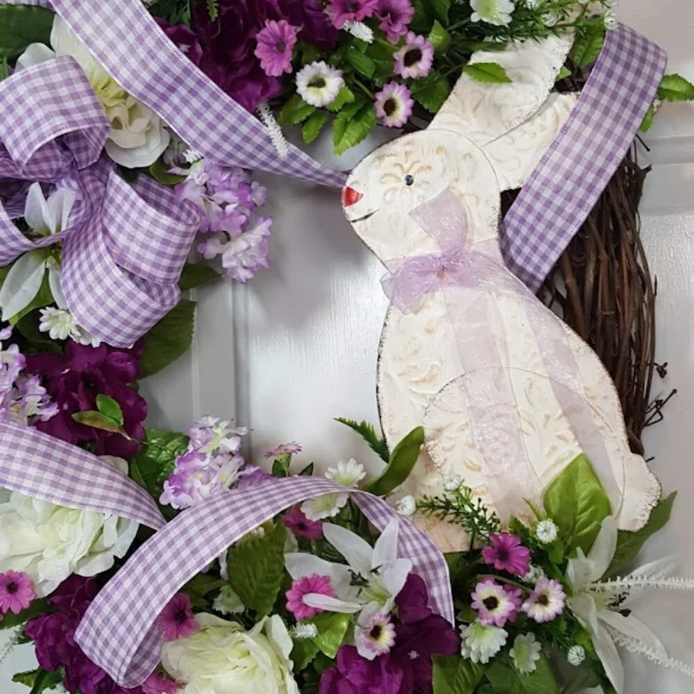 Spring Easter Bunny Wreath, Easter Grapevine, Spring Floral Wreath, Hand Crafted